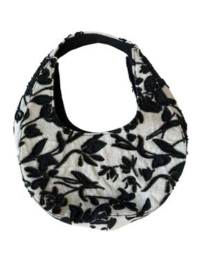 Black & White Floral Beaded Hobo Bag - Women's Shoulder Handbag